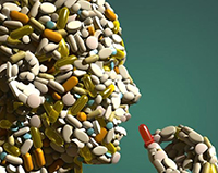 human head made of pills taking a pill